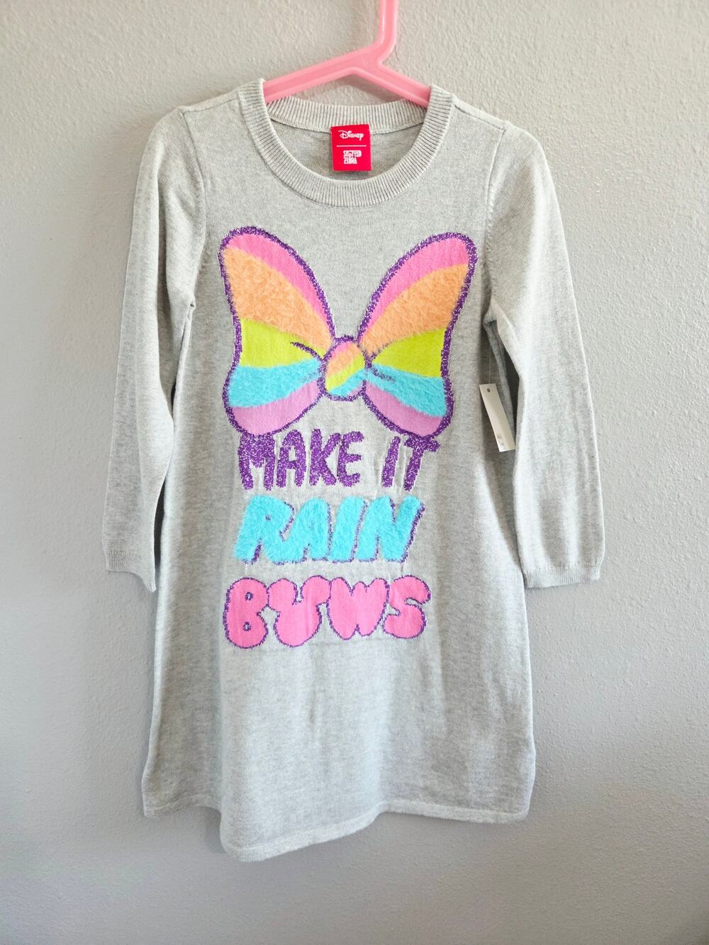 NWT Disney Girls Minnie Mouse Long Sleeve Knit Sweater Dress Grey Rainbow XS 4-5